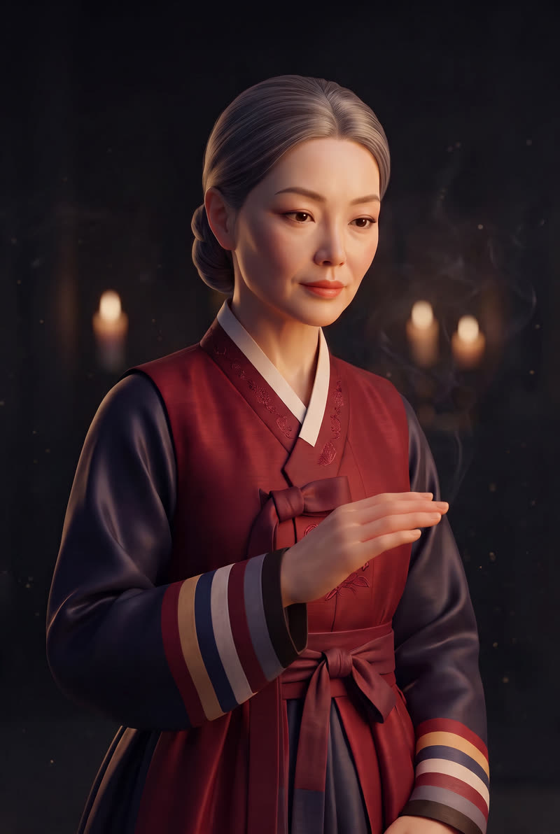 촛불 켜진 신당의 무녀, 소곤신점의 상담자