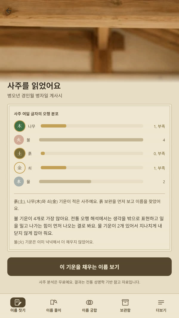 사주 분석 화면, 오행 분포