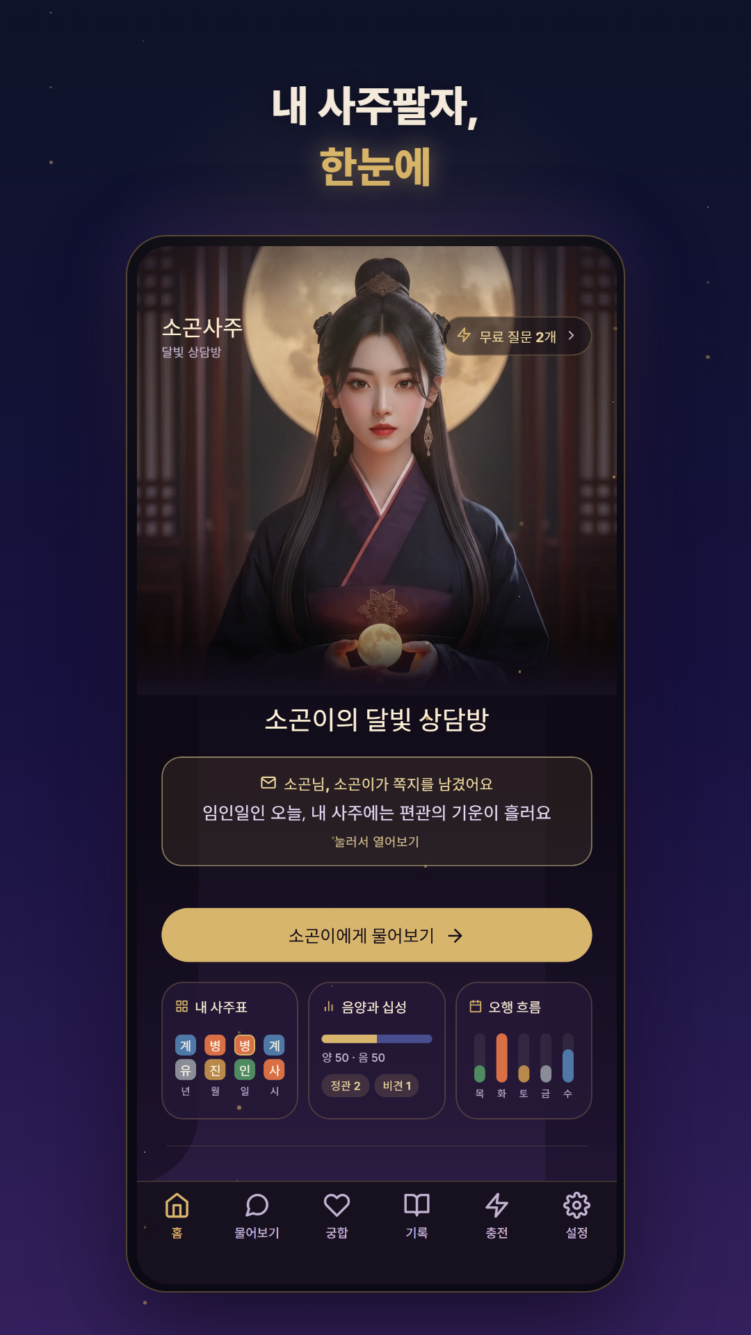 내 사주표와 오행 흐름 화면