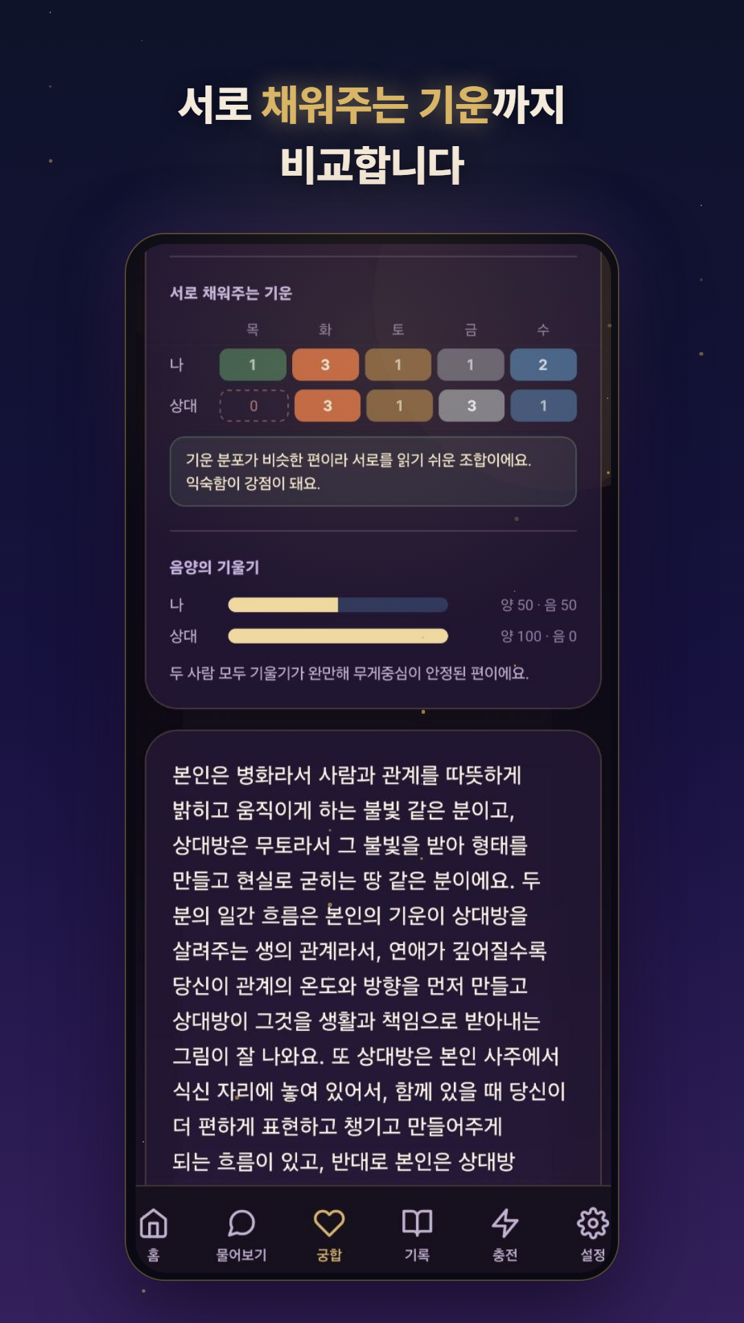 서로 채워주는 기운을 비교하는 소곤사주 화면